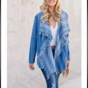Military Hippie Fringe Denim Open Jacket